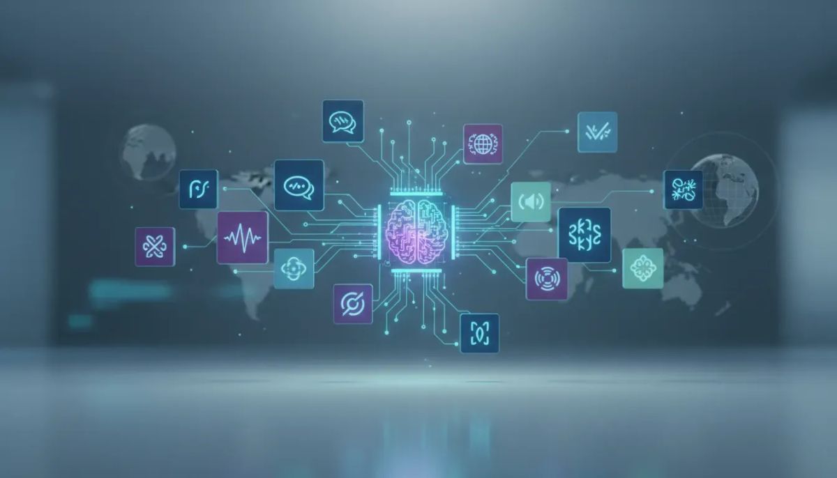 Futuristic illustration of an AI core connected to multiple multilingual icons, symbolizing multilingual localization for an AI studio platform.