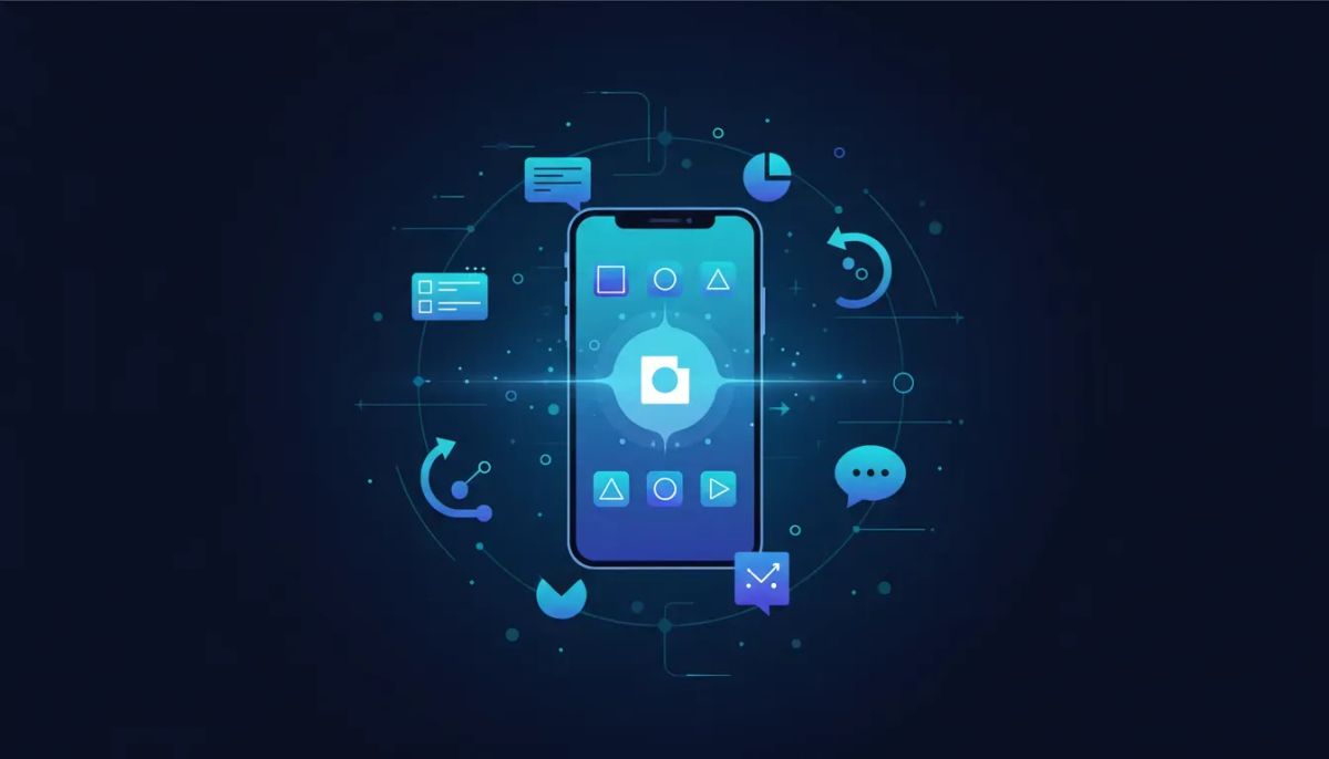 Abstract illustration of AI-powered agency tools represented through icons orbiting a smartphone, conveying managing CRM, pipelines, and automation on mobile—no text.
