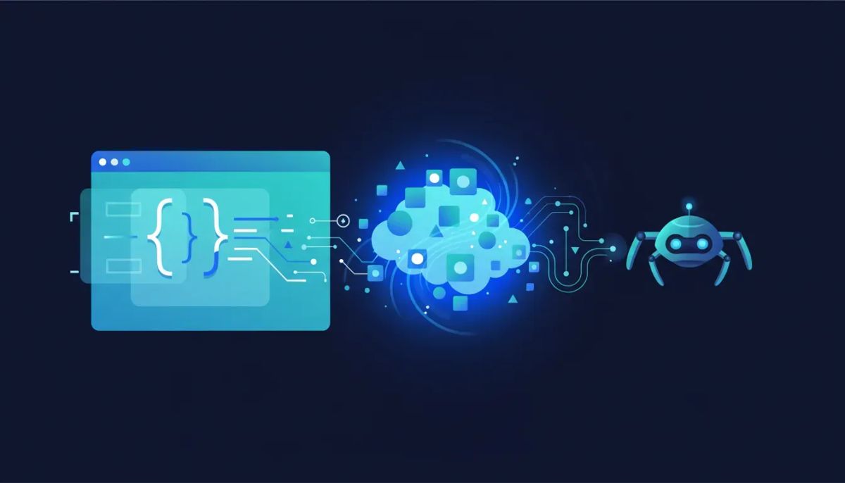 Illustration of AI-built website pages being pre-rendered for search engine crawlers, showing SEO-friendly indexing.