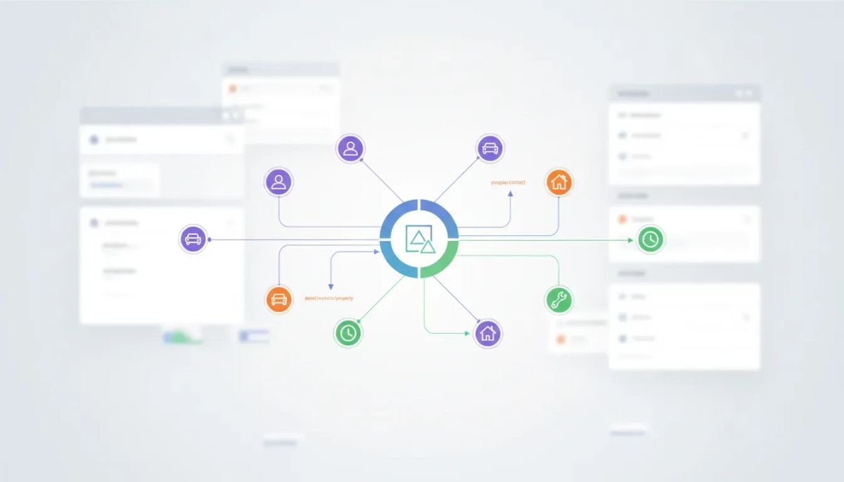 Illustration of interconnected custom objects and associations forming a relational database network inside a CRM interface, shown with connected node icons and lines—no text.