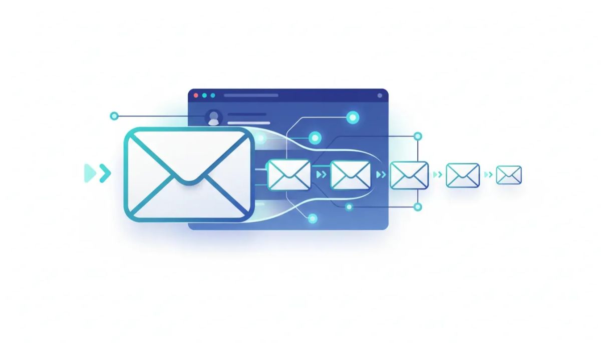 Illustration of an email sequence automation flow with connected envelopes and a CRM-style dashboard, representing simplified sequential email sending.