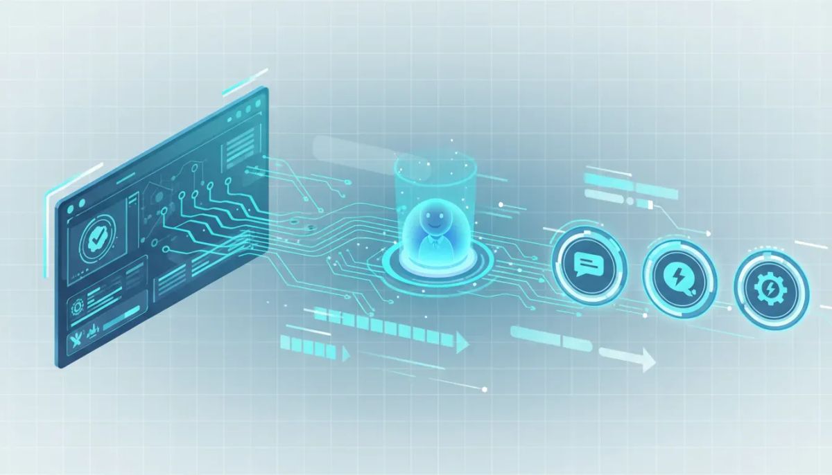 Futuristic CRM dashboard illustration showing an AI assistant automating interconnected tasks and actions with glowing workflow connections, without any text.