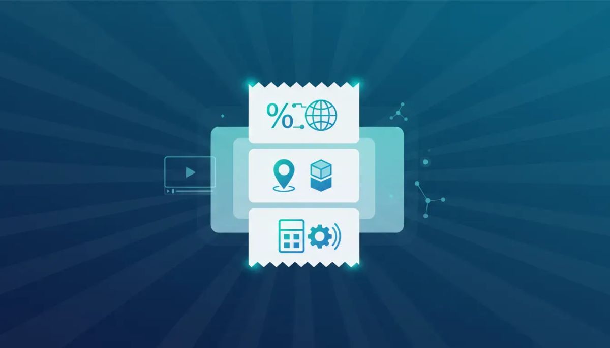 Illustration of a modern course checkout interface showing native tax calculation and billing address breakdown using icons, with no text.