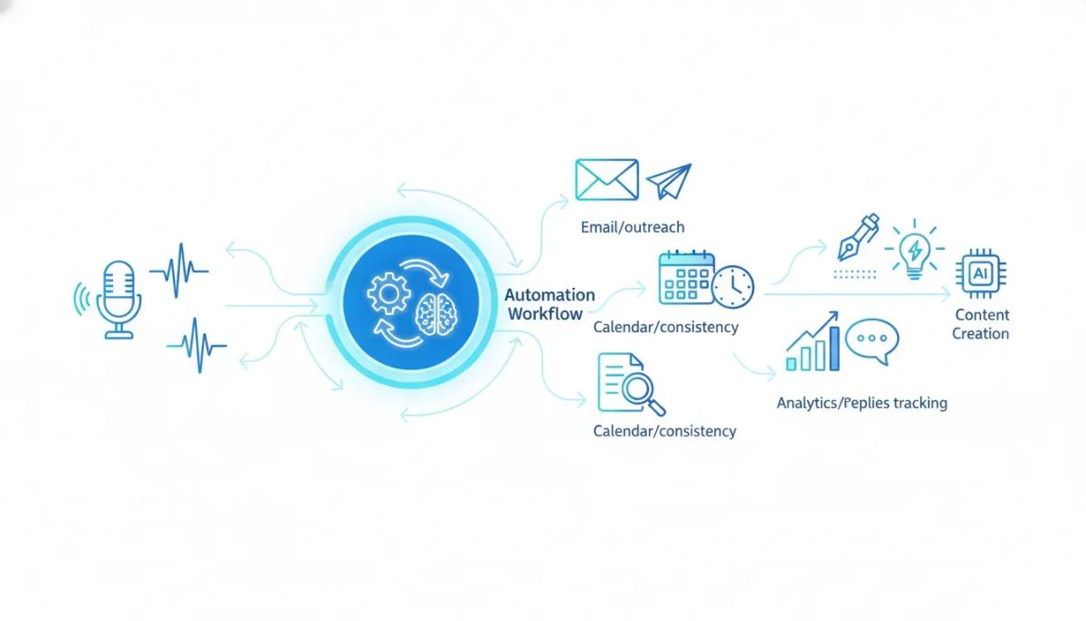 Wordless infographic illustrating an automated podcast PR and content creation workflow with icons for podcast outreach, follow-ups, scheduling, analytics, and AI-assisted content generation