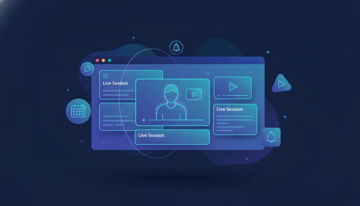 Illustration of an integrated course dashboard featuring embedded live session cards, connected scheduling and reminders, and in-course video playback.