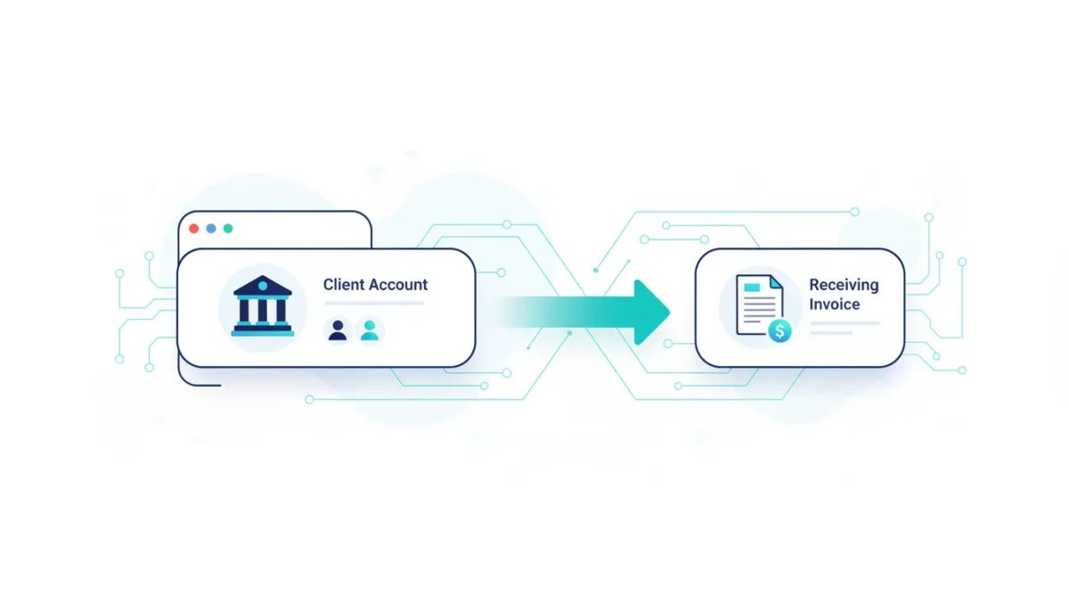 Illustration of ACH bank transfer setup between client bank accounts and invoice payments within a modern agency dashboard, showing automated integration without any text.