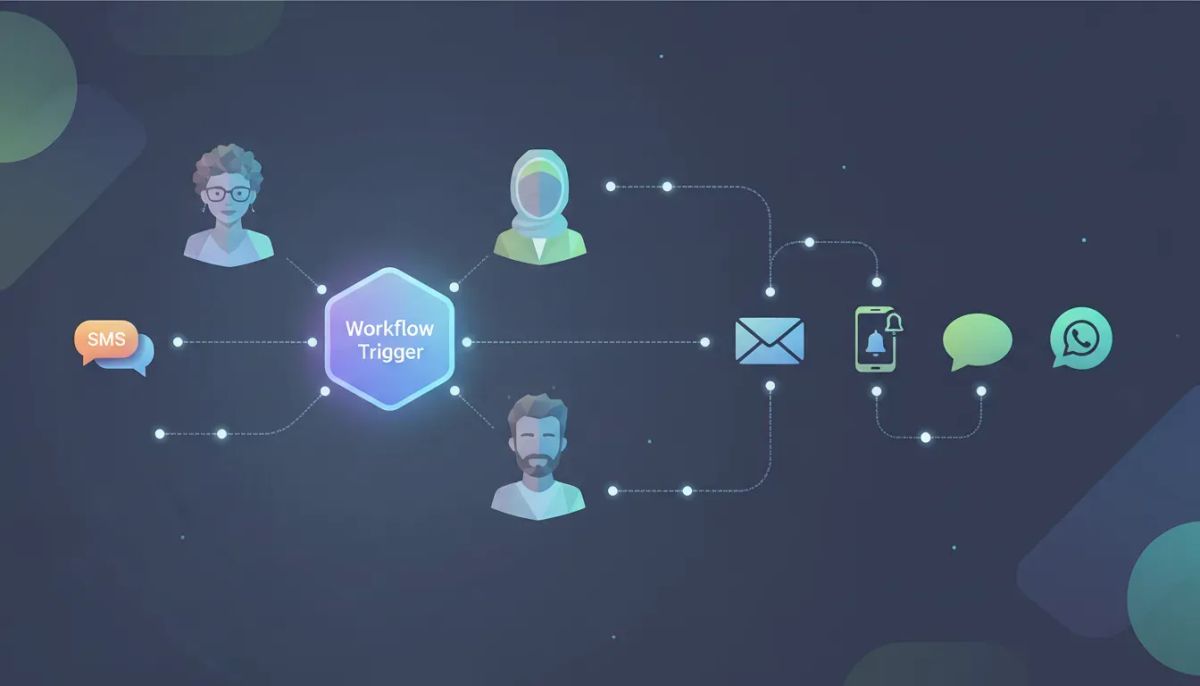 Illustration of a HighLevel-style workflow automation sending internal notifications to team members via SMS, email, in-app mobile push, and WhatsApp with no text.
