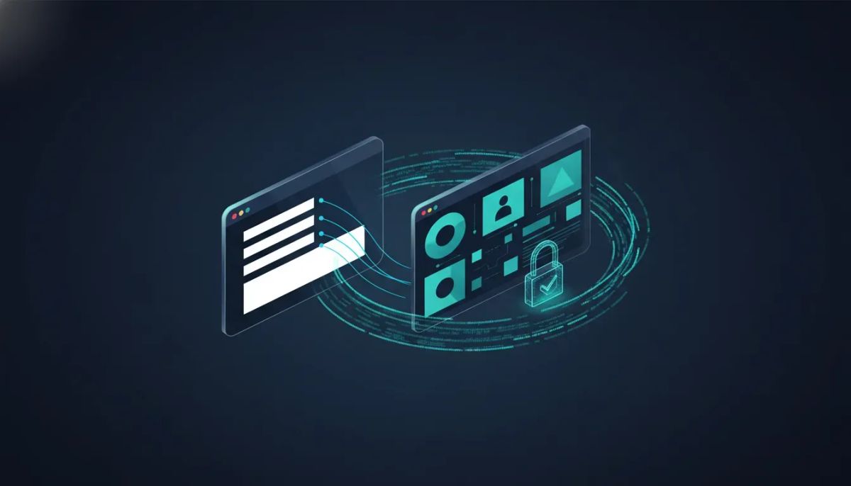 Abstract illustration of automated form submissions from a website flowing into a CRM dashboard using a script connection, represented with glowing lines and data/contact icons without any t