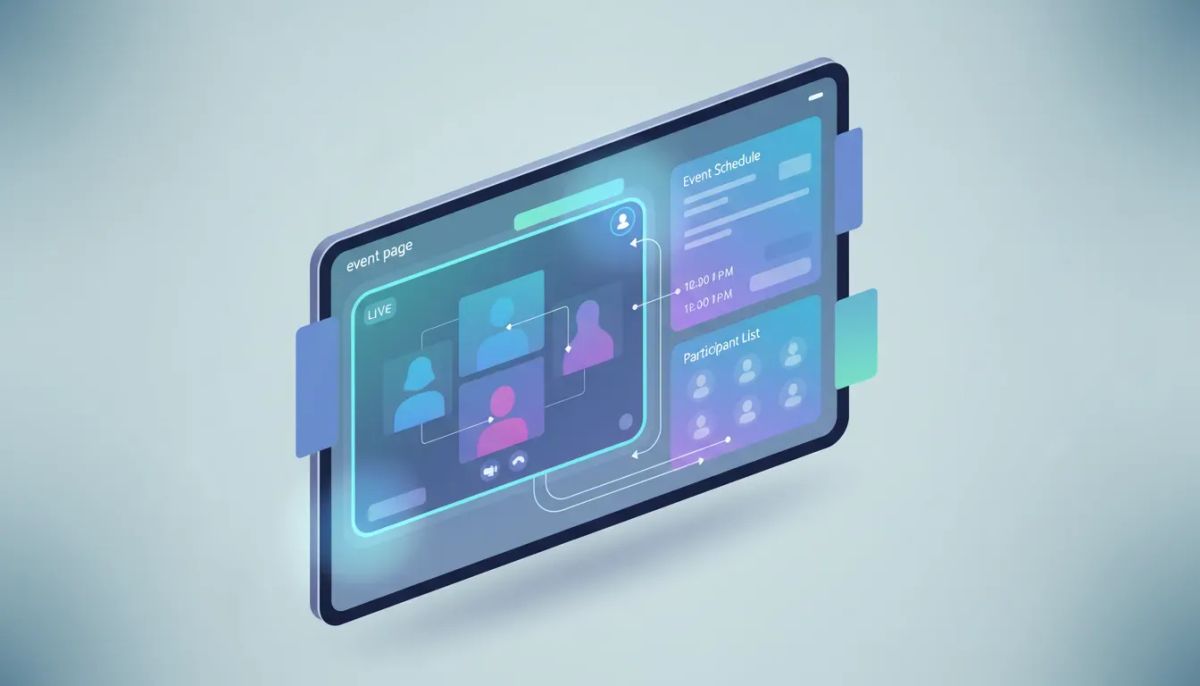 Illustration of a community event interface with an embedded live video call room running in the same location on a single screen