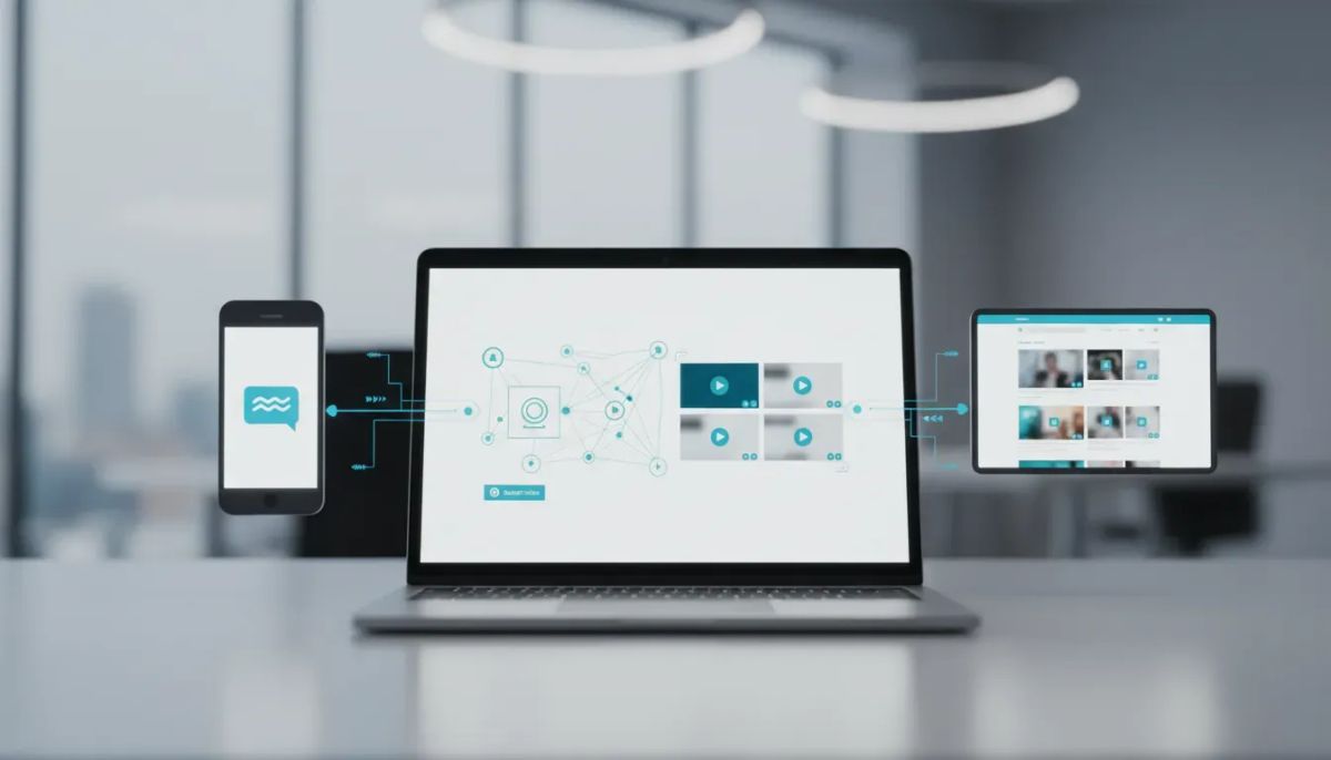 Abstract illustration of a modern CRM interface collecting and displaying video testimonials across email, SMS, and a website, with no text.