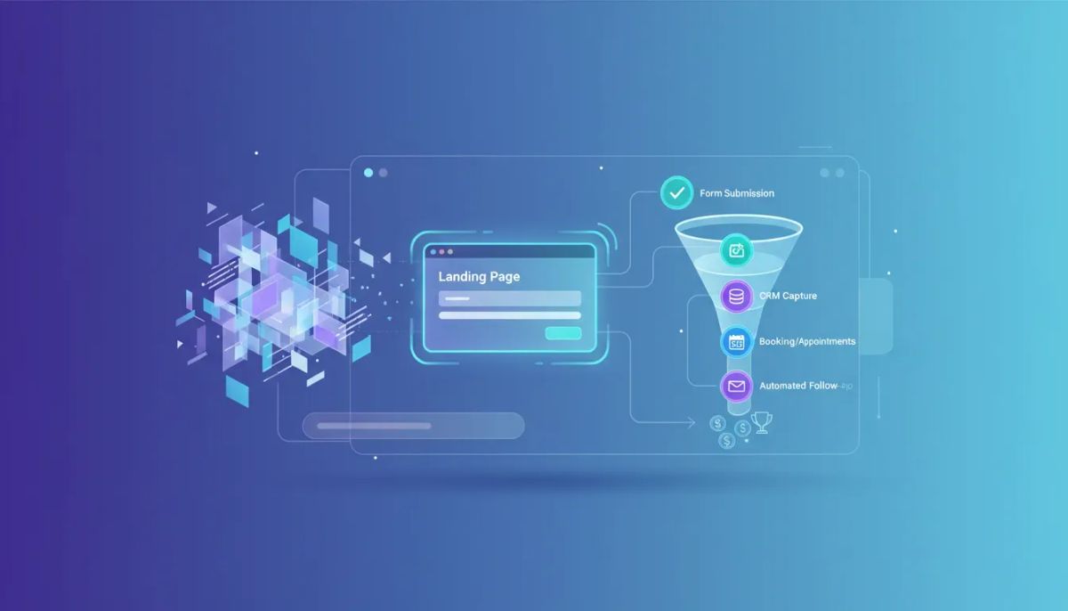 Illustration showing an AI draft transforming into an automated lead funnel connected to a CRM and booking workflow