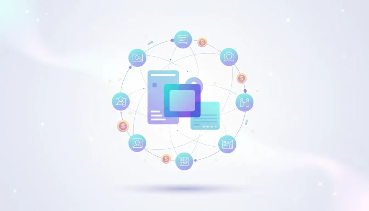 Abstract illustration of a connected community platform hub with surrounding member nodes and recurring revenue cues, representing hosting paid communities in one ecosystem
