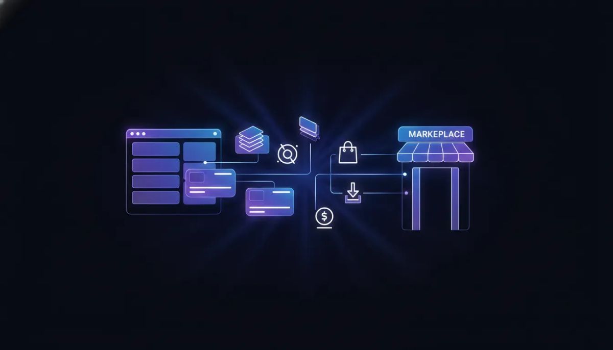 Abstract illustration showing a connected template library and marketplace with floating template cards and transaction/installation icons, representing browsing, previewing, purchasing, ins