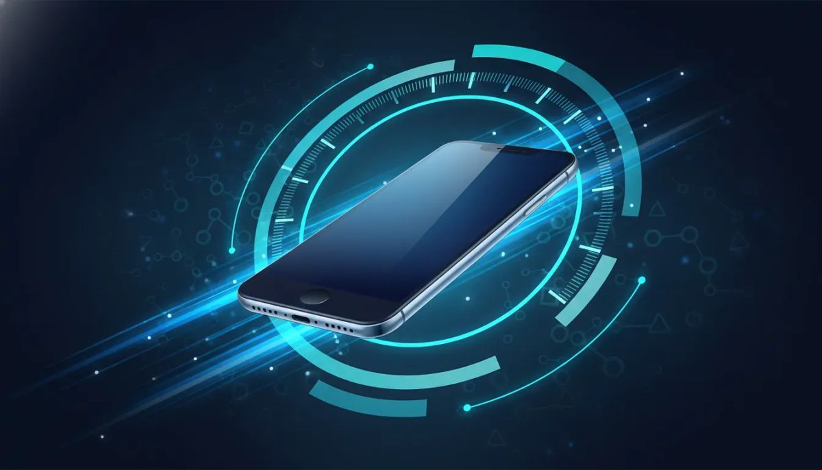 Abstract illustration of a smartphone with glowing speed lines and a gauge motif representing faster mobile app initial load performance