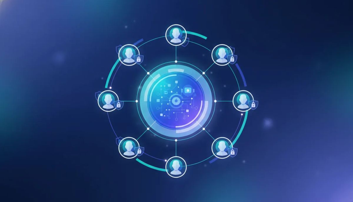 Illustration of a central platform hub with connected member nodes and privacy locks, symbolizing membership-only client communities hosted in one place.