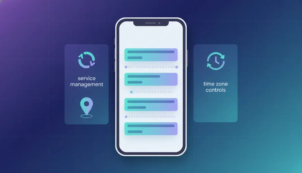 Illustration of a mobile app update concept showing appointment scheduling, time zone controls, and location-based booking with no text.