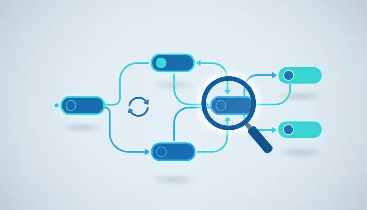 Illustration of a workflow builder with a magnifying glass for finding elements and a swap/replace action updating connected automation steps, representing faster cleanup in HighLevel workfl