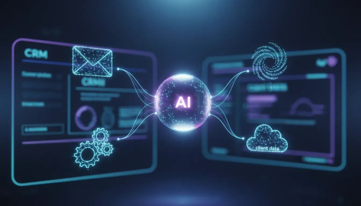 Futuristic holographic AI conversation hub connected to abstract CRM and automation network symbols, with a neon tech dashboard background and no text.