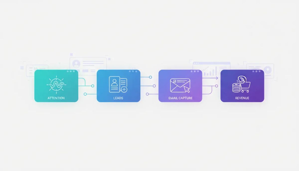 Illustration of a digital product launch funnel inside a marketing automation dashboard, showing attention to leads, email capture, and revenue through connected steps with glowing icons.