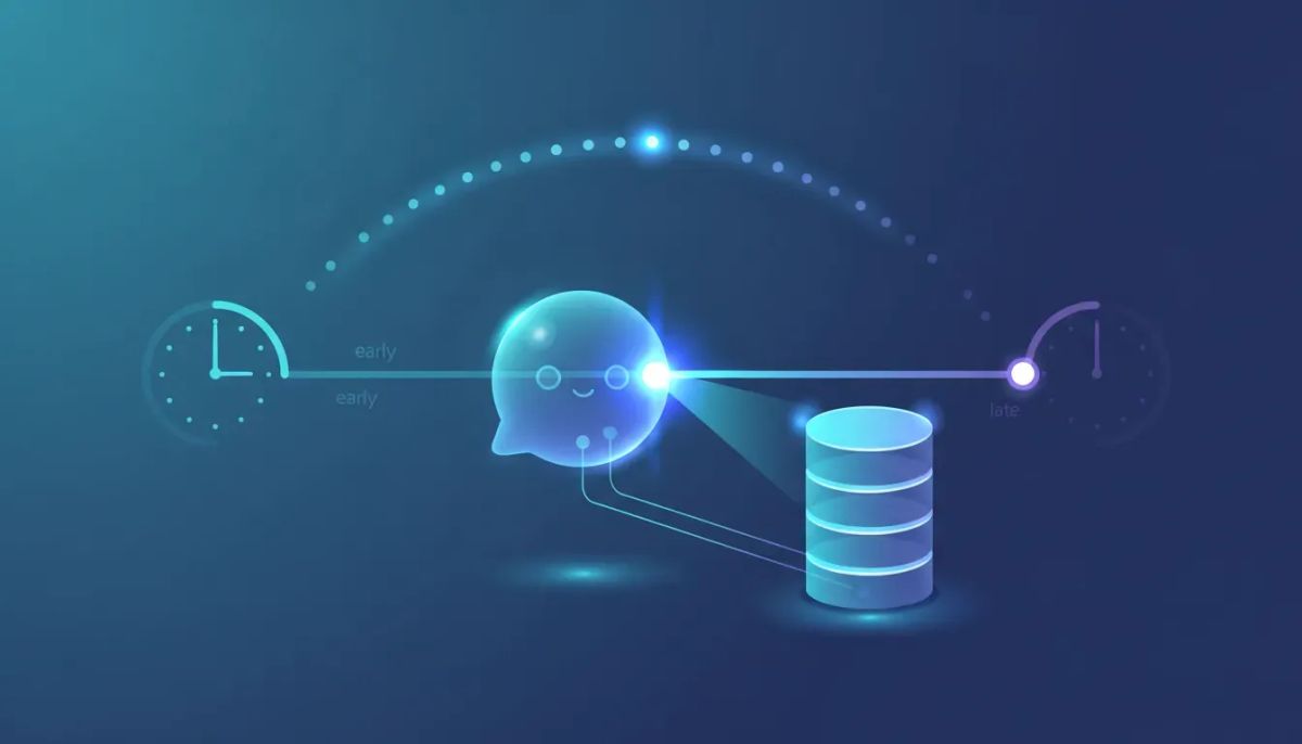 Illustration of a chatbot triggering a knowledge base at the perfect moment using a glowing timeline and precise connection point, showing controlled “right answer” timing