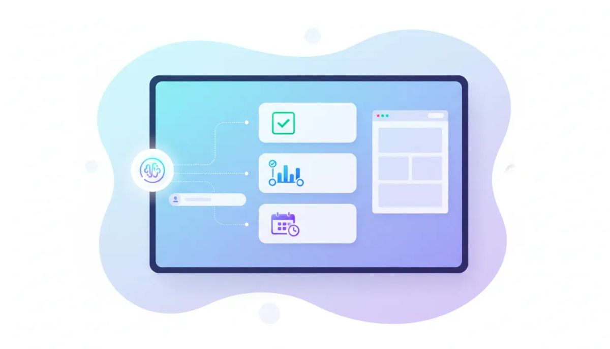Illustration of an AI studio interface generating lead capture sections, including a form, survey, and booking calendar panels with icons and connecting automation lines