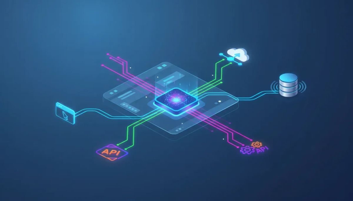 Illustration of an AI agent core in a workflow dashboard connecting to multiple external services through live tool links, symbolizing MCP support and real-time actions.