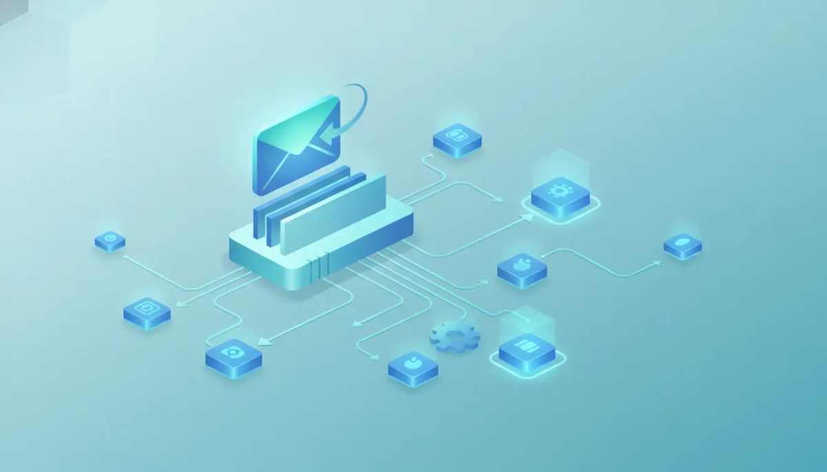 Illustration of an incoming email triggering connected automation workflow nodes in real time