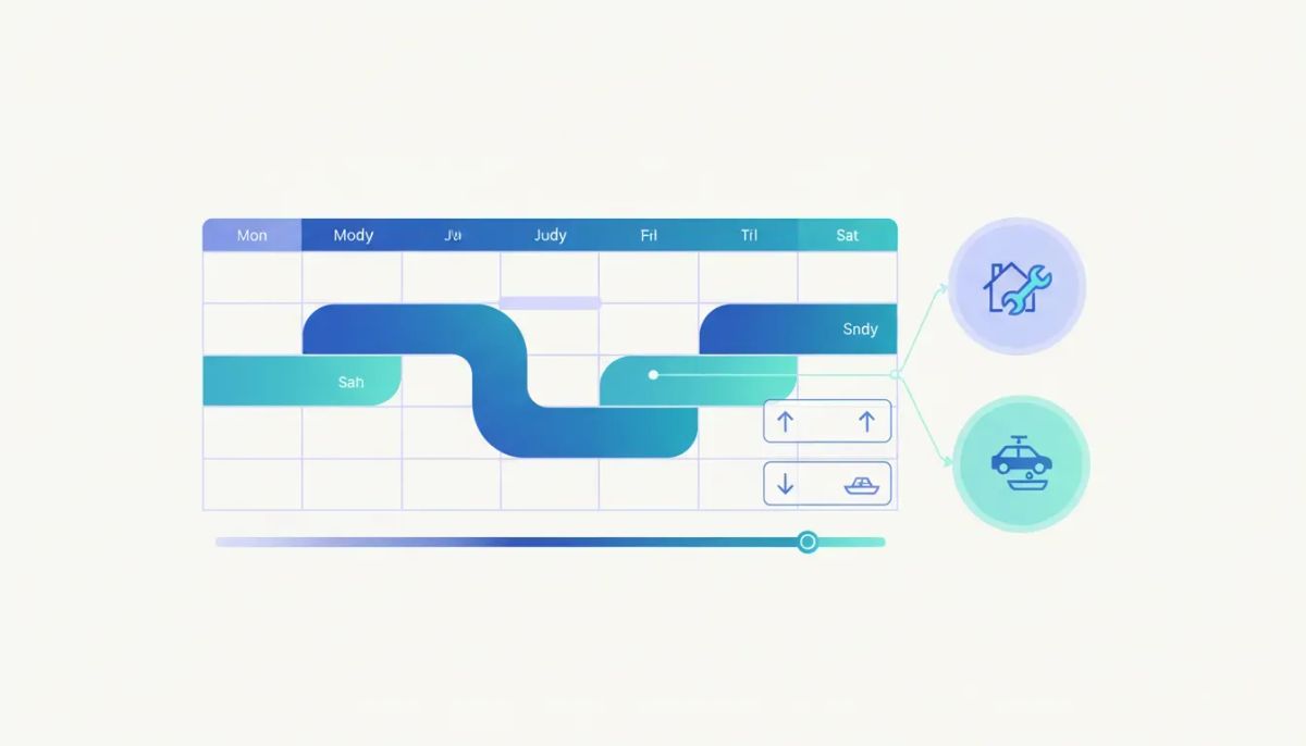 Illustration of a multi-day rental calendar interface with highlighted dates, availability and pricing controls, and a smooth booking workflow for flexible rentals.