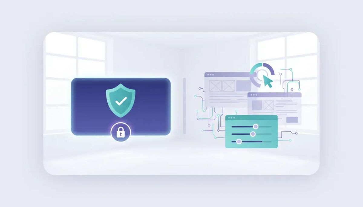 Illustration of safe draft-based AI editing with a locked live page on one side and an experimental AI studio draft workspace on the other, connected by subtle AI circuit visuals.