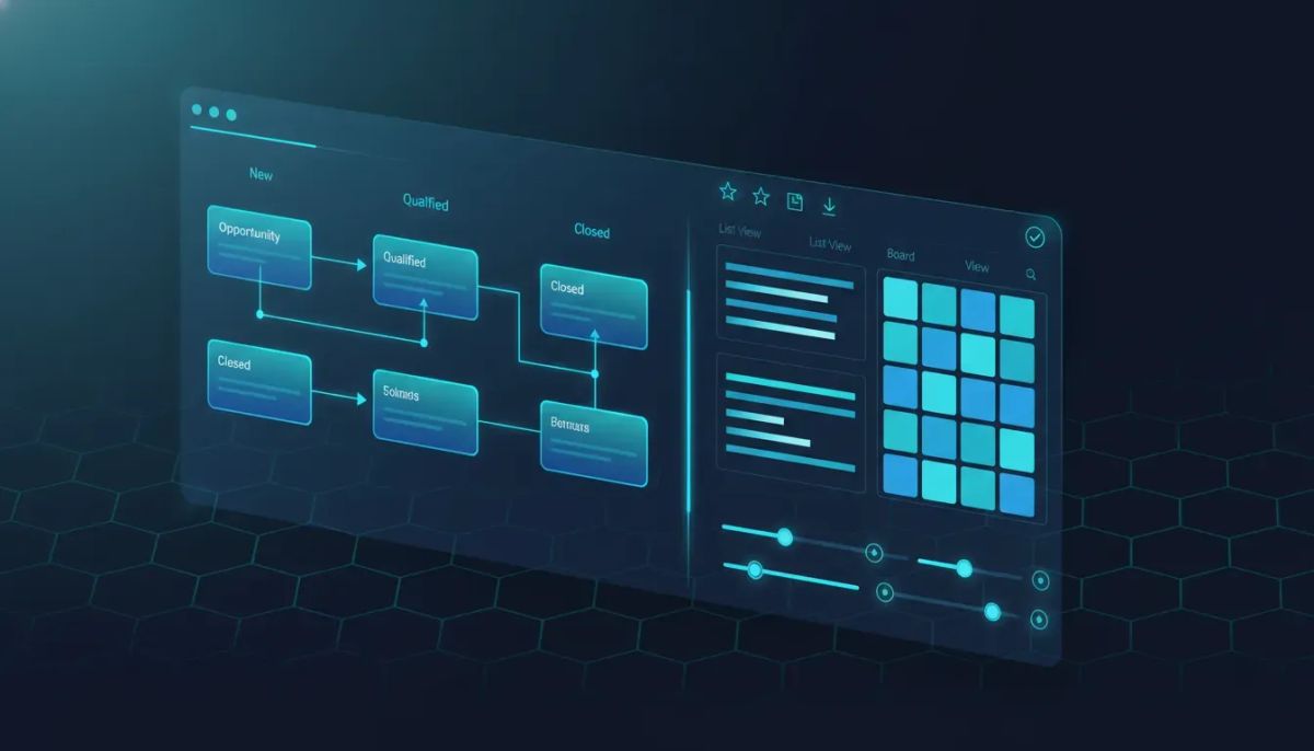 Illustration of a modern CRM dashboard with structured opportunity pipeline flow and smart list style filtering, shown as clean side-by-side list and board views with subtle UI icons and no 
