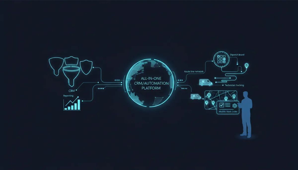 Illustration showing connected field service operations—dispatch, routing, technician tracking, and workflow integration—linked to an all-in-one automation dashboard without any text.