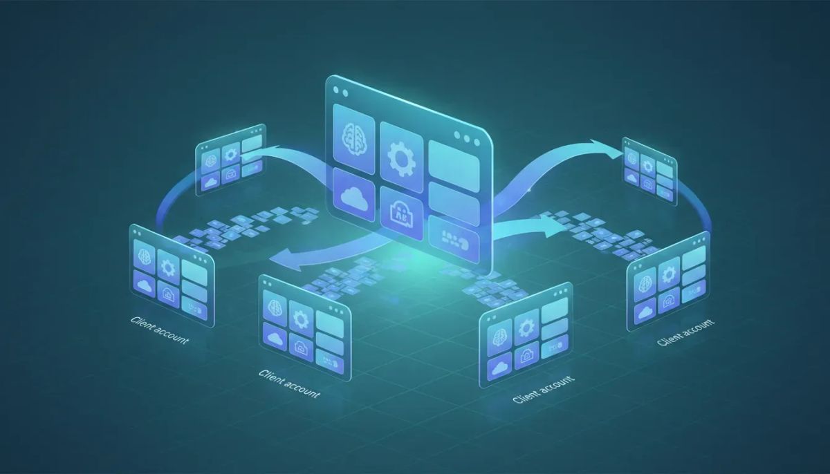 Illustration showing an AI studio workspace cloning and reusing the same project across multiple client account panels using network arrows.
