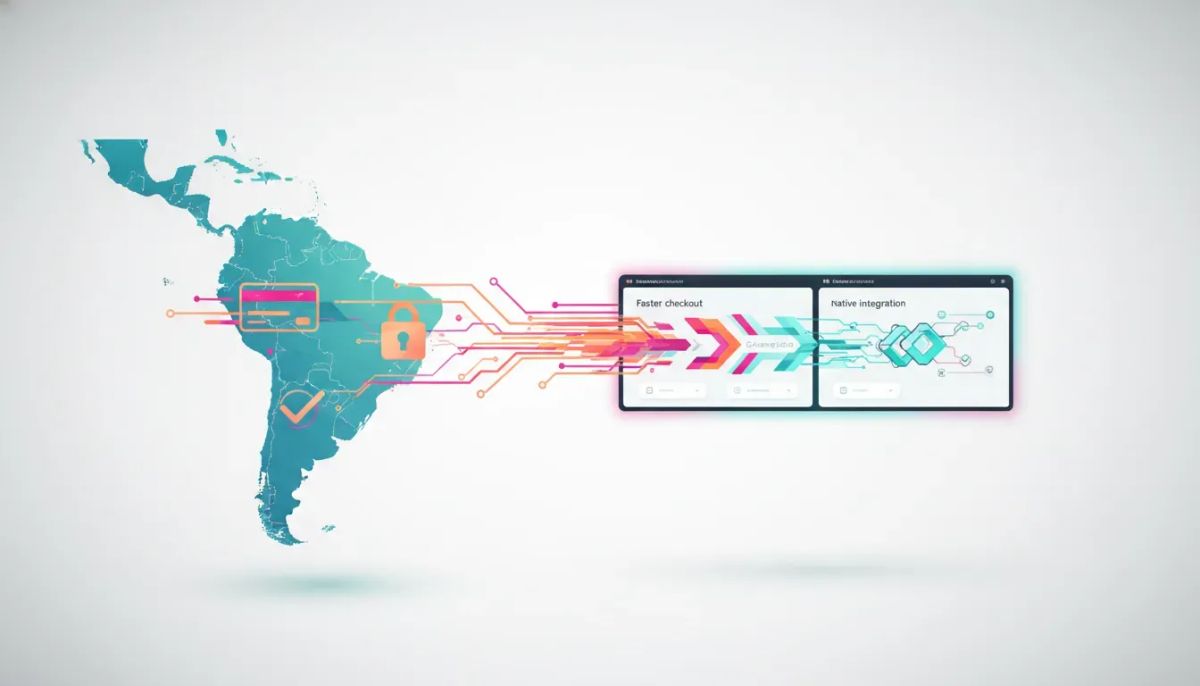 Abstract illustration of Latin America connected to a modern payments dashboard, symbolizing native Mercado Pago integration and smoother sales in LATAM with no text or logos.