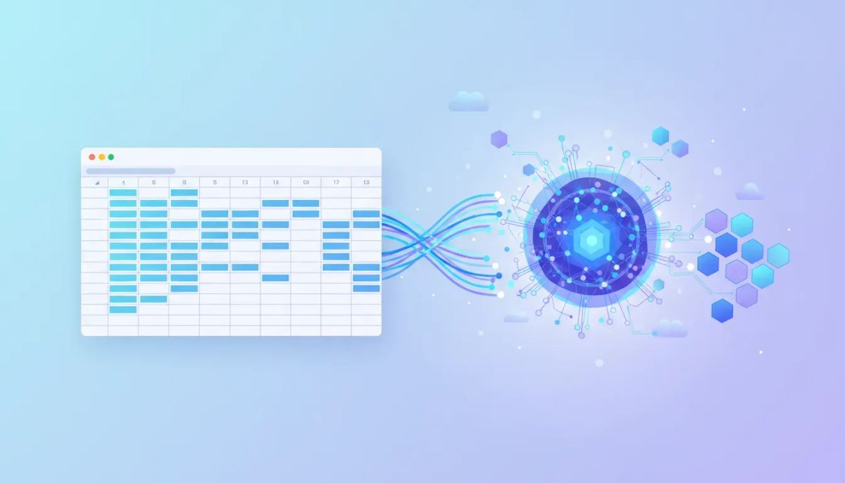 Illustration of a spreadsheet connected to an AI agent knowledge base with glowing data links and a network hub for smarter automation