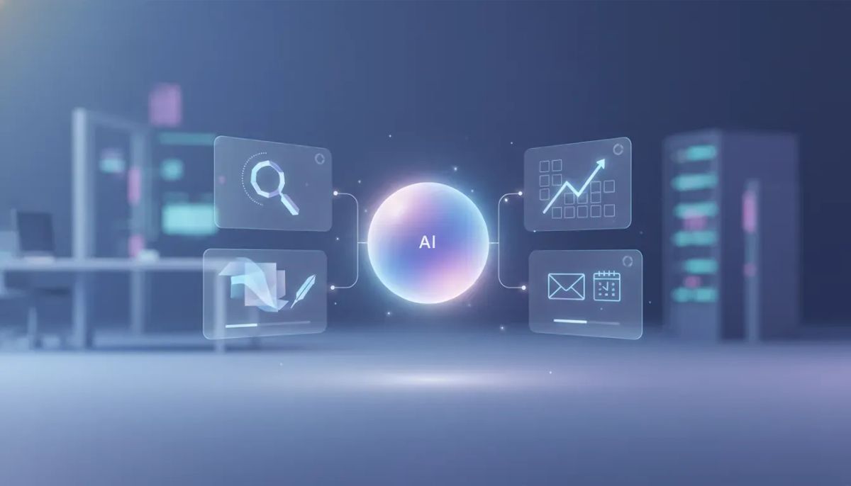 Illustration of an AI core integrated into everyday workplace tools, shown by connected app panels representing search, writing, research, and background tasks.