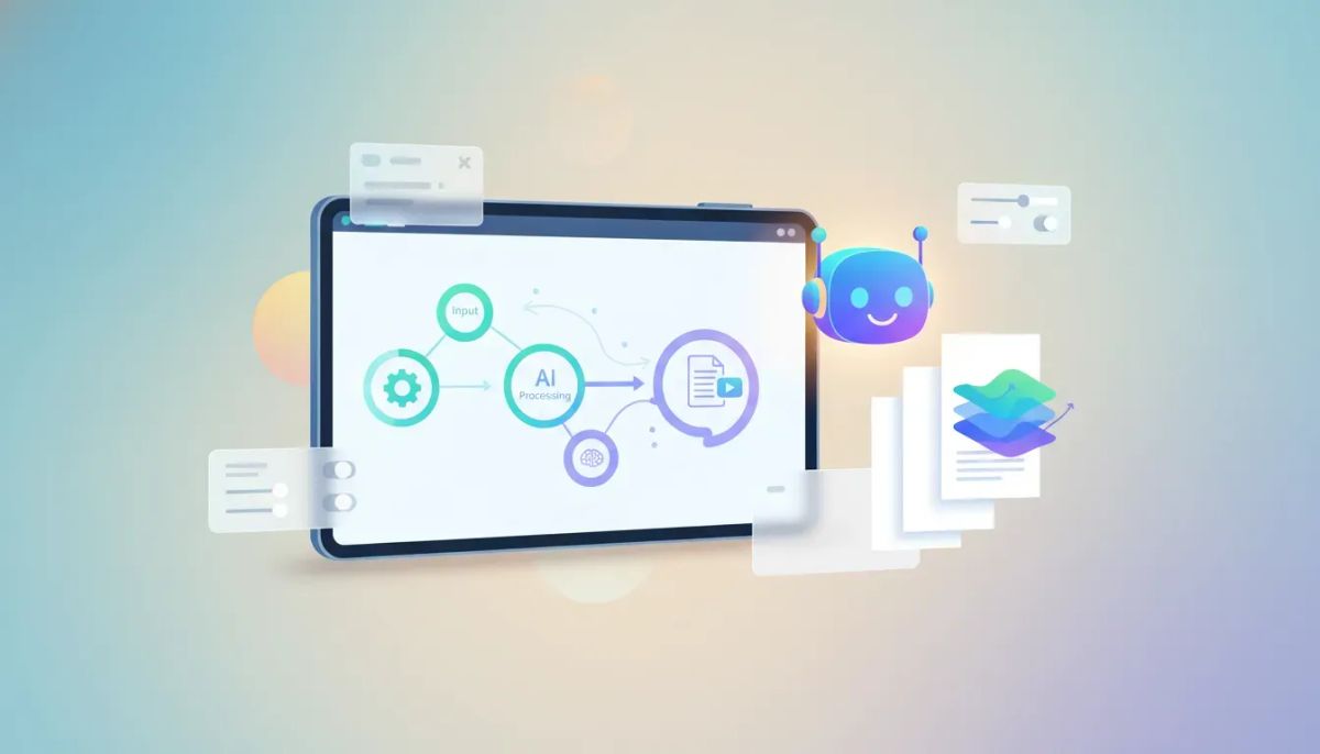 Illustration of an AI assistant guiding the creation of an end-to-end blog inside a marketing automation dashboard, shown with connected workflow steps and transforming blank pages into a co