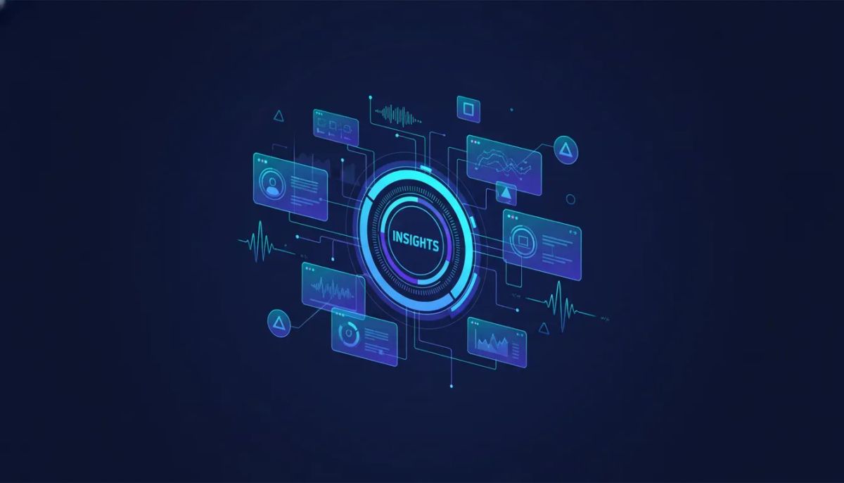Abstract tech dashboard illustration showing automated Voice AI performance reporting with connected data, waveform signals, and glowing insights hub