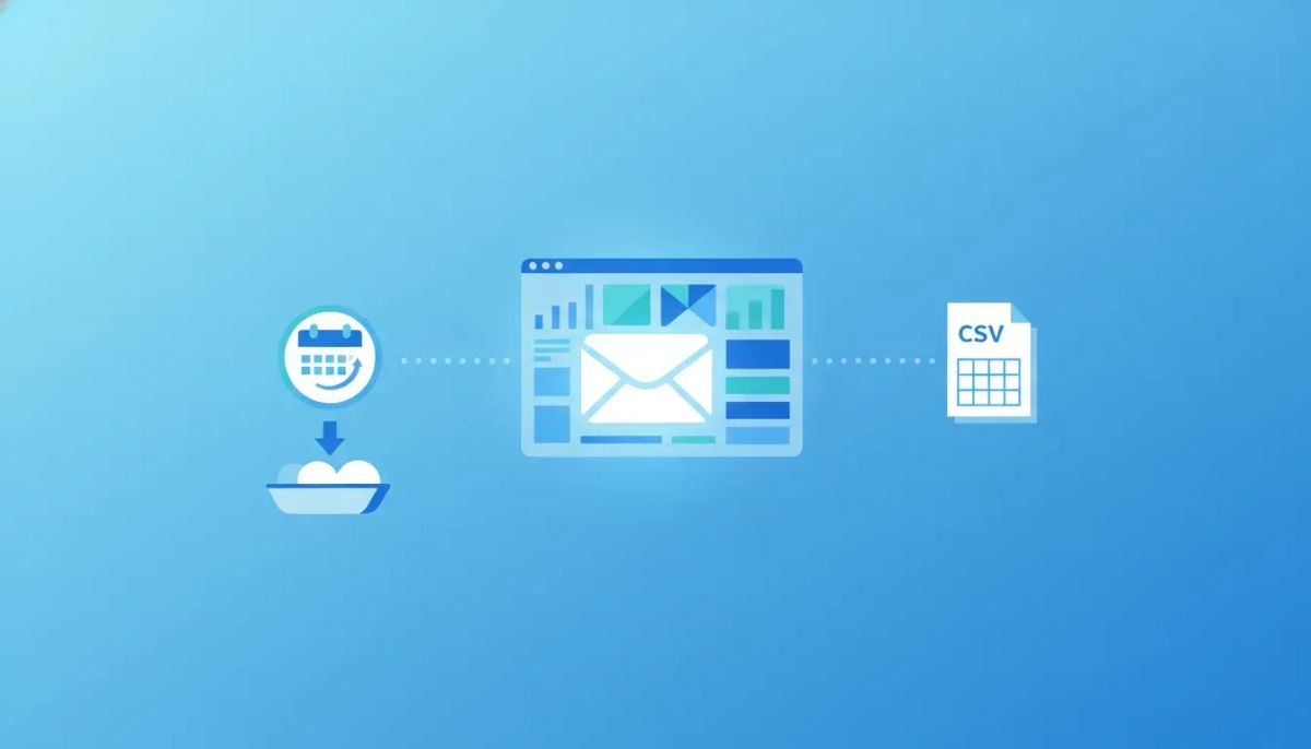 Illustration of email marketing data being exported from a CRM dashboard into a downloadable CSV file with a timeline selector.