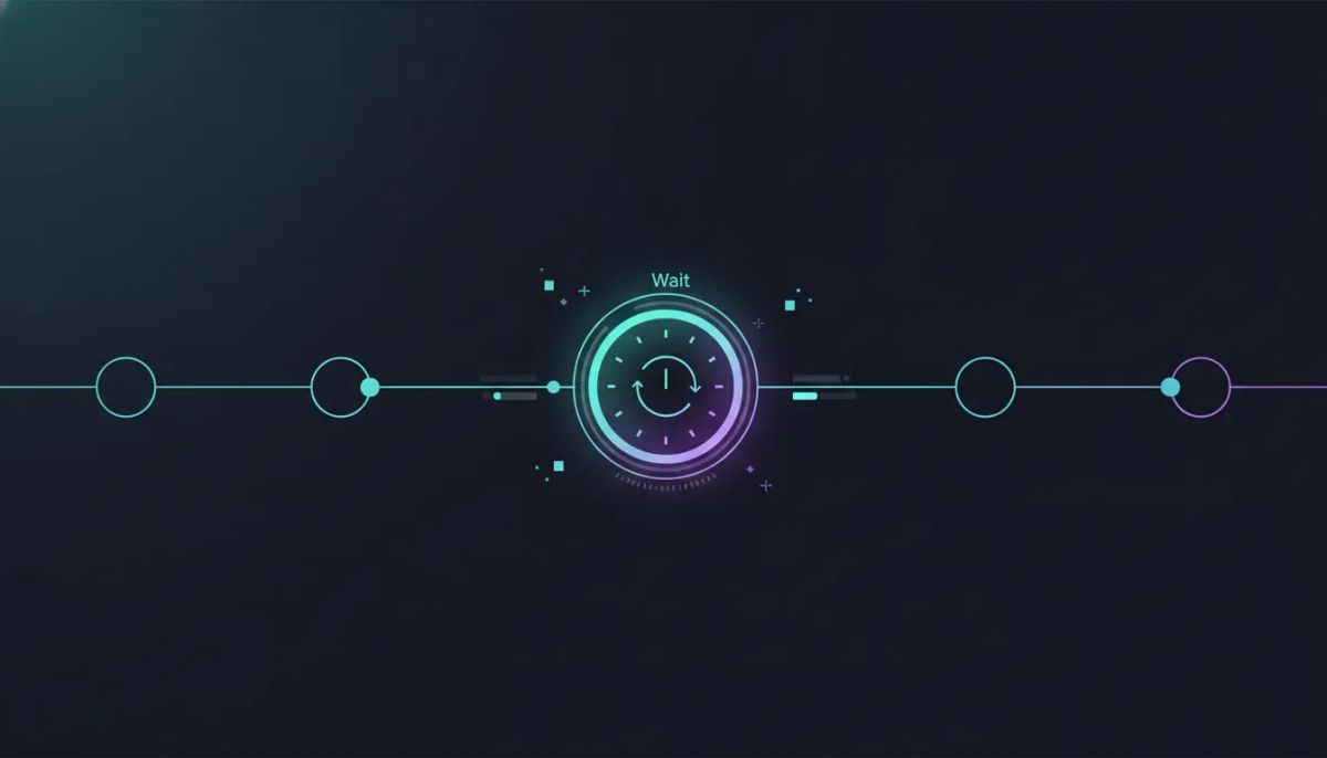 Illustration of a modern workflow automation showing an upgraded recurring wait action with clock and loop schedule icons, highlighted for a smarter HighLevel experience.