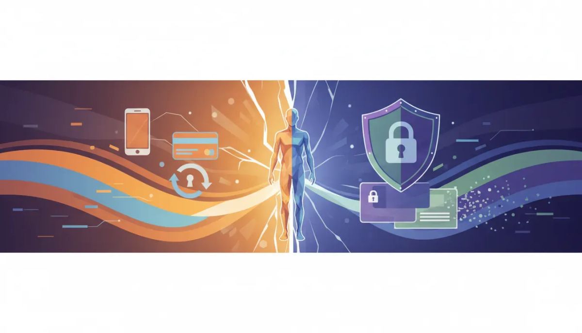An editorial illustration showing the internet divided between AI convenience and data privacy, with warm connection cues on one side and protective lock/privacy layers on the other.