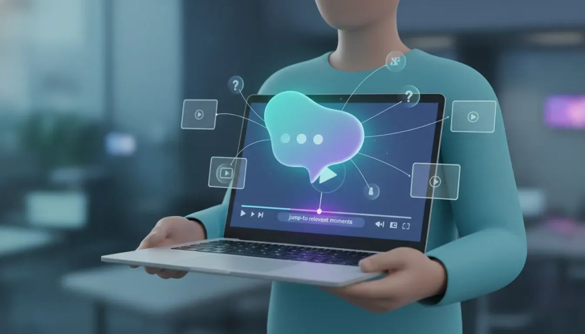 Illustration of an AI chat interface linked to a highlighted video timeline, representing more conversational learning with relevant video moments.