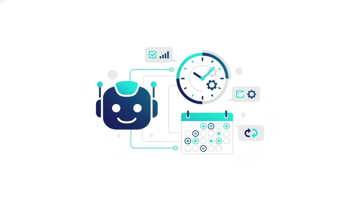 Illustration of an AI assistant scheduling recurring tasks using a calendar and clock, suggesting automated CRM maintenance