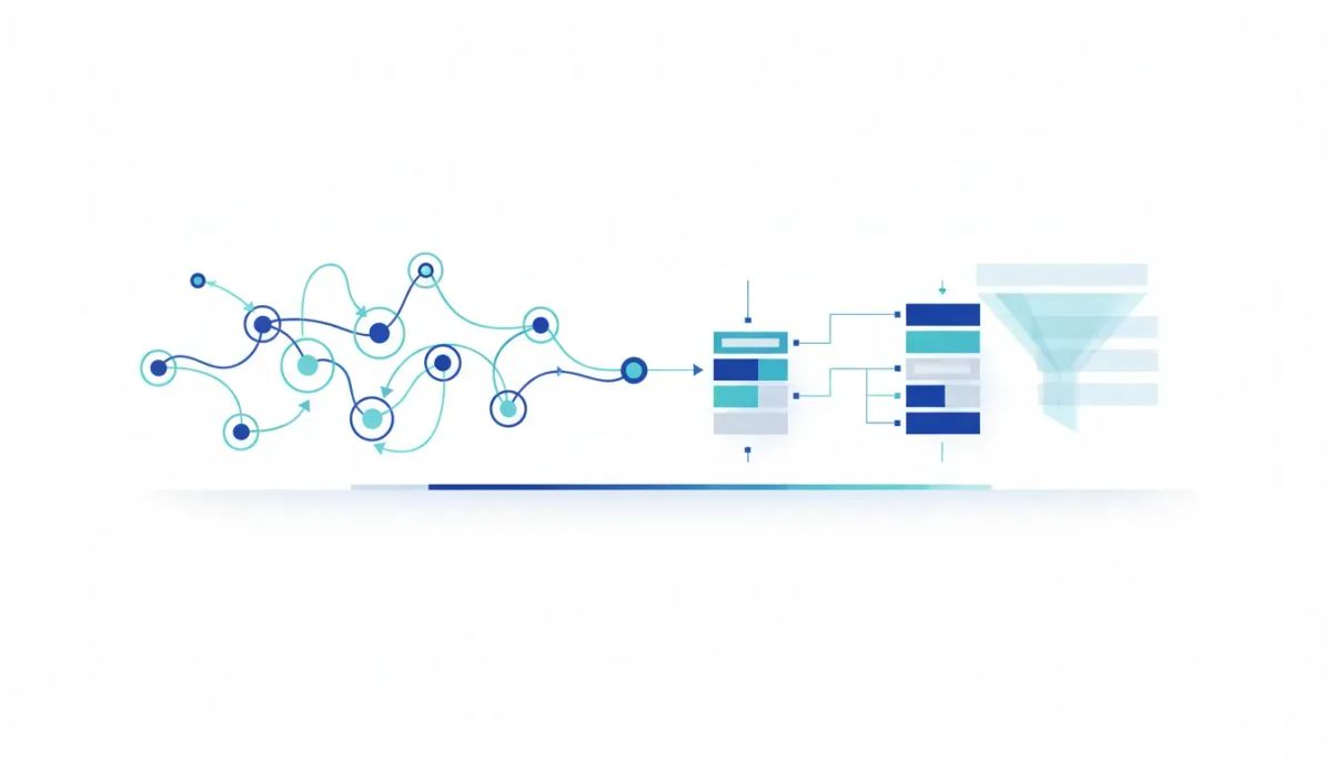 Abstract illustration showing a customer journey blueprint transitioning into a prioritized HighLevel build plan with connected nodes, modular blocks, and a subtle roadmap timeline.