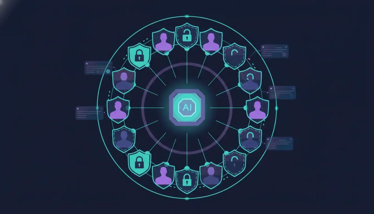 Illustration showing role-based access control for a conversation AI agent using shields, user silhouettes, and lock/unlock permission layers.