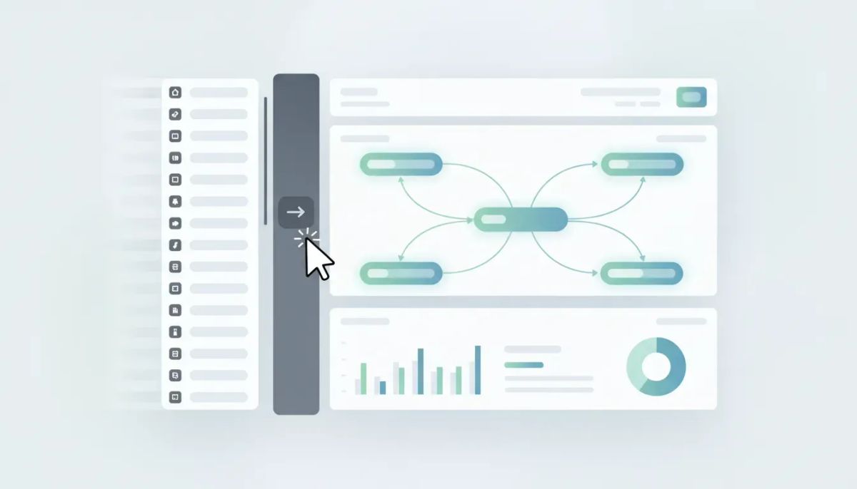 Illustration of a workflow builder UI with a sidebar resizing and expanding to create more space for automation panels and connected workflow nodes.