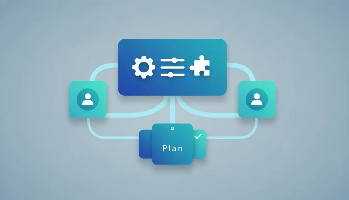 Illustration of a centralized SaaS configurator creating SaaS V2 plans with connected panels flowing into a unified plan.