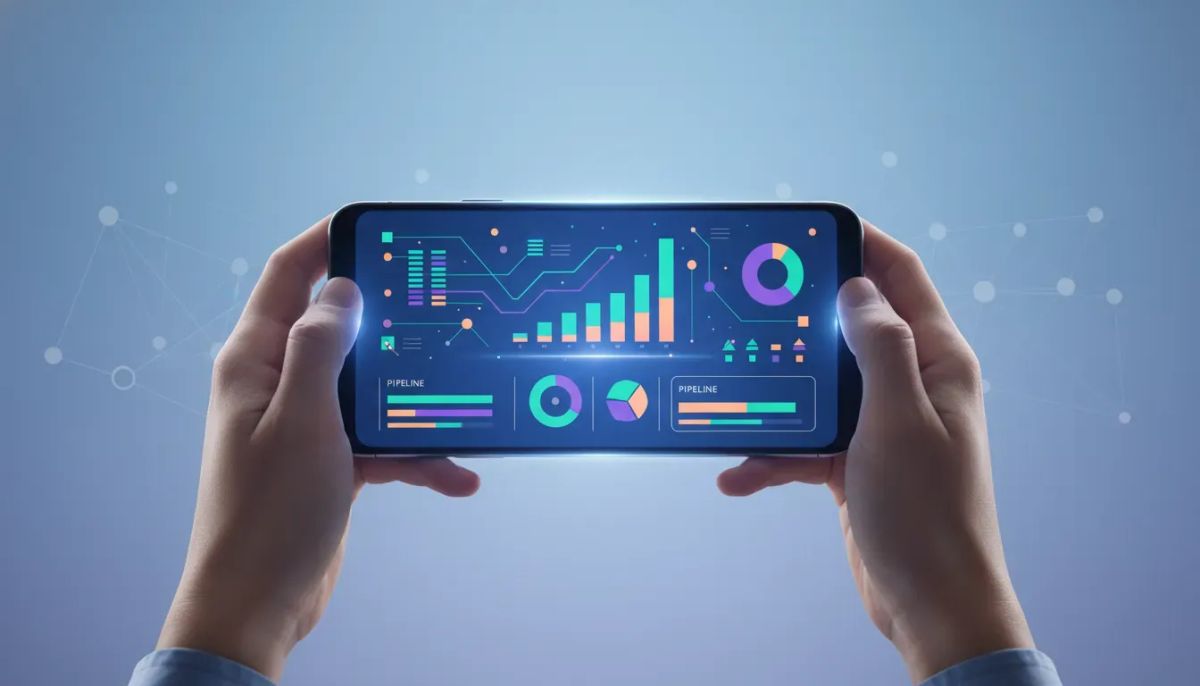 Smartphone showing abstract analytics dashboards with charts and pipeline visualizations, representing mobile insights reporting in HighLevel