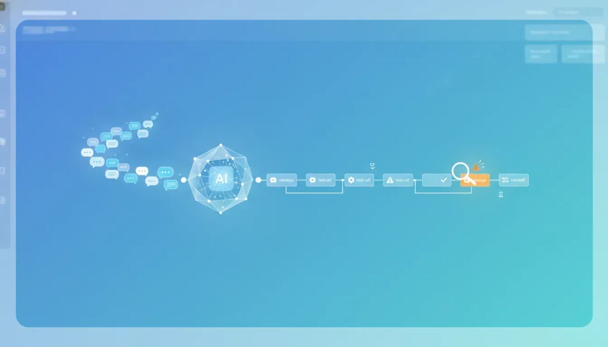 Illustration of an AI conversation pipeline with agent logs being inspected step by step, including a magnifying glass and highlighted tool-call stages.