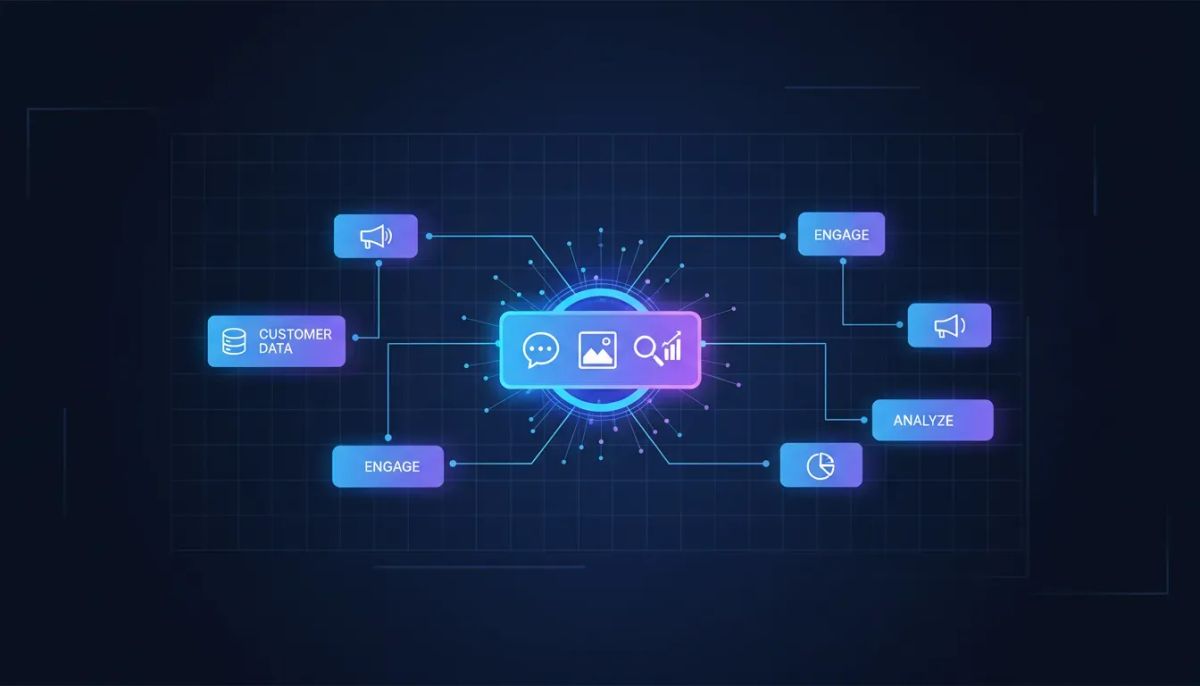 Illustration of AI actions integrated into a HighLevel-style workflow builder with connected nodes, glowing action steps, and neural network lighting, showing text-less automation functional
