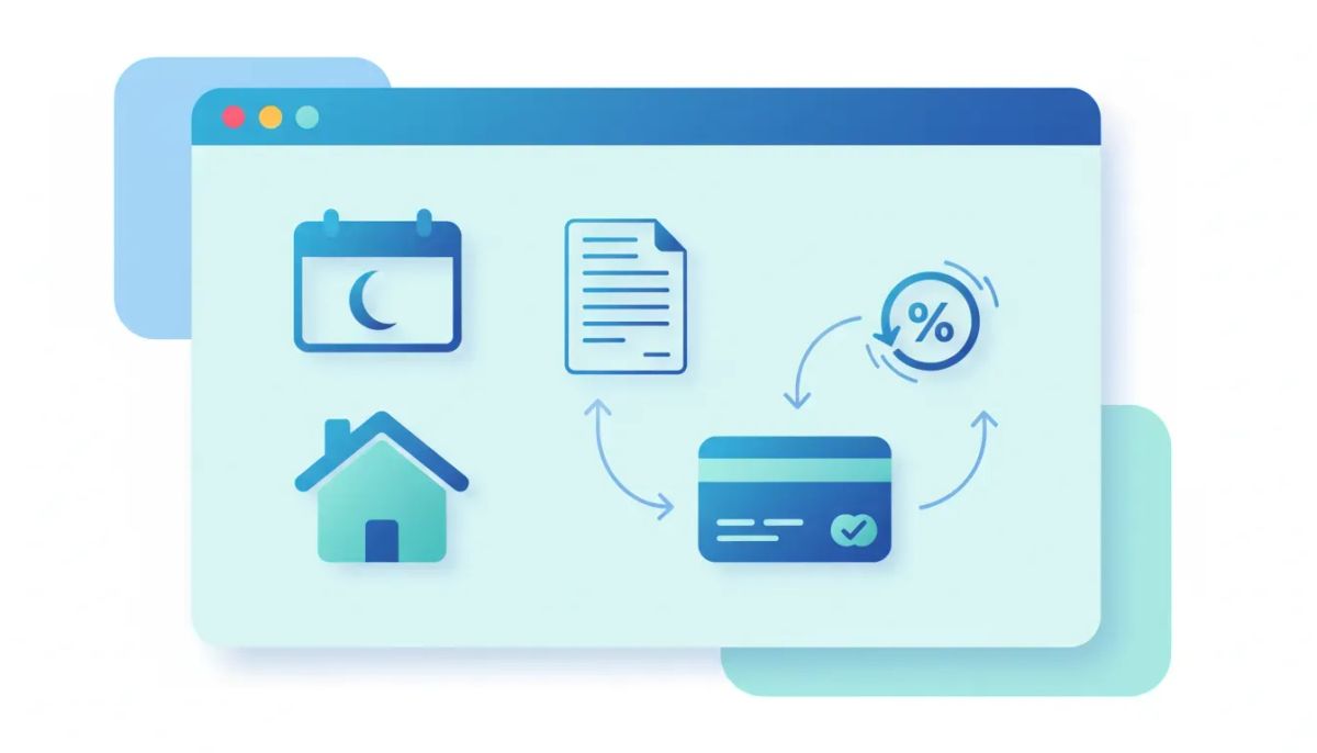 Illustration of automated tax and invoice icons connecting to rental booking and checkout elements inside a modern app dashboard, with no text.